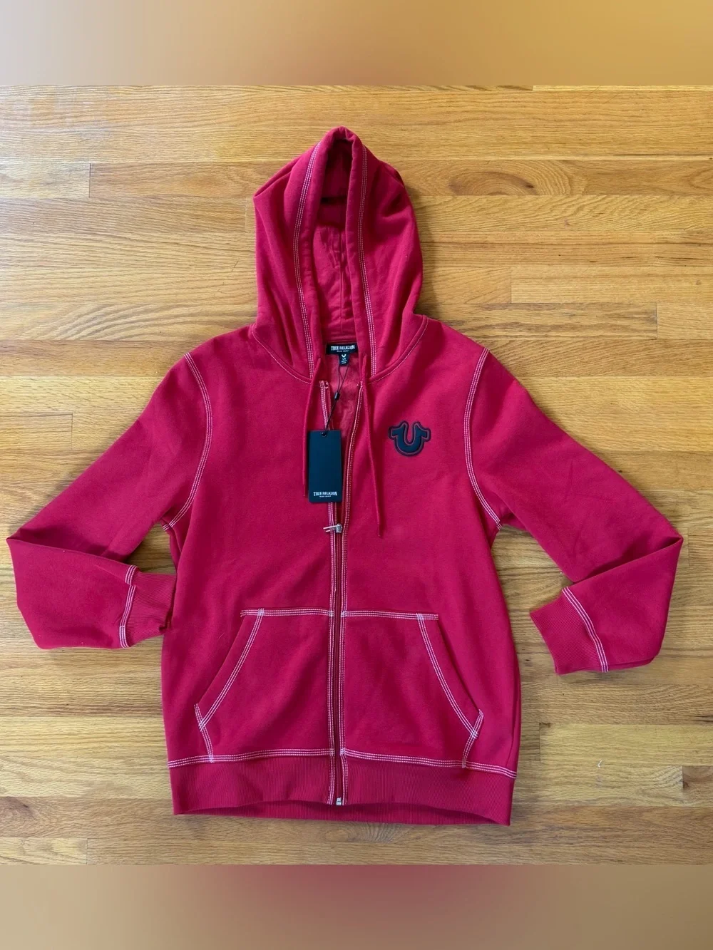 True Religion Red Zip-Up Hoodie with Contrast Stitching